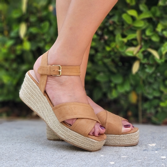 Shoes - Camel Ankle Strap Wedge Espadrille